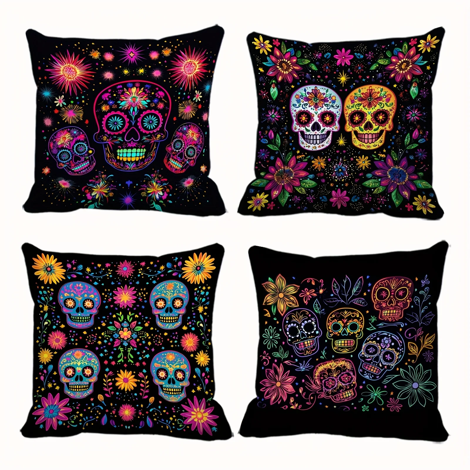 Juego  Cuatro Fundas  Almohada con Calaveras y Flores l Día  los Muertos en Fondo . Ial para Decoraciones  Fiestas,