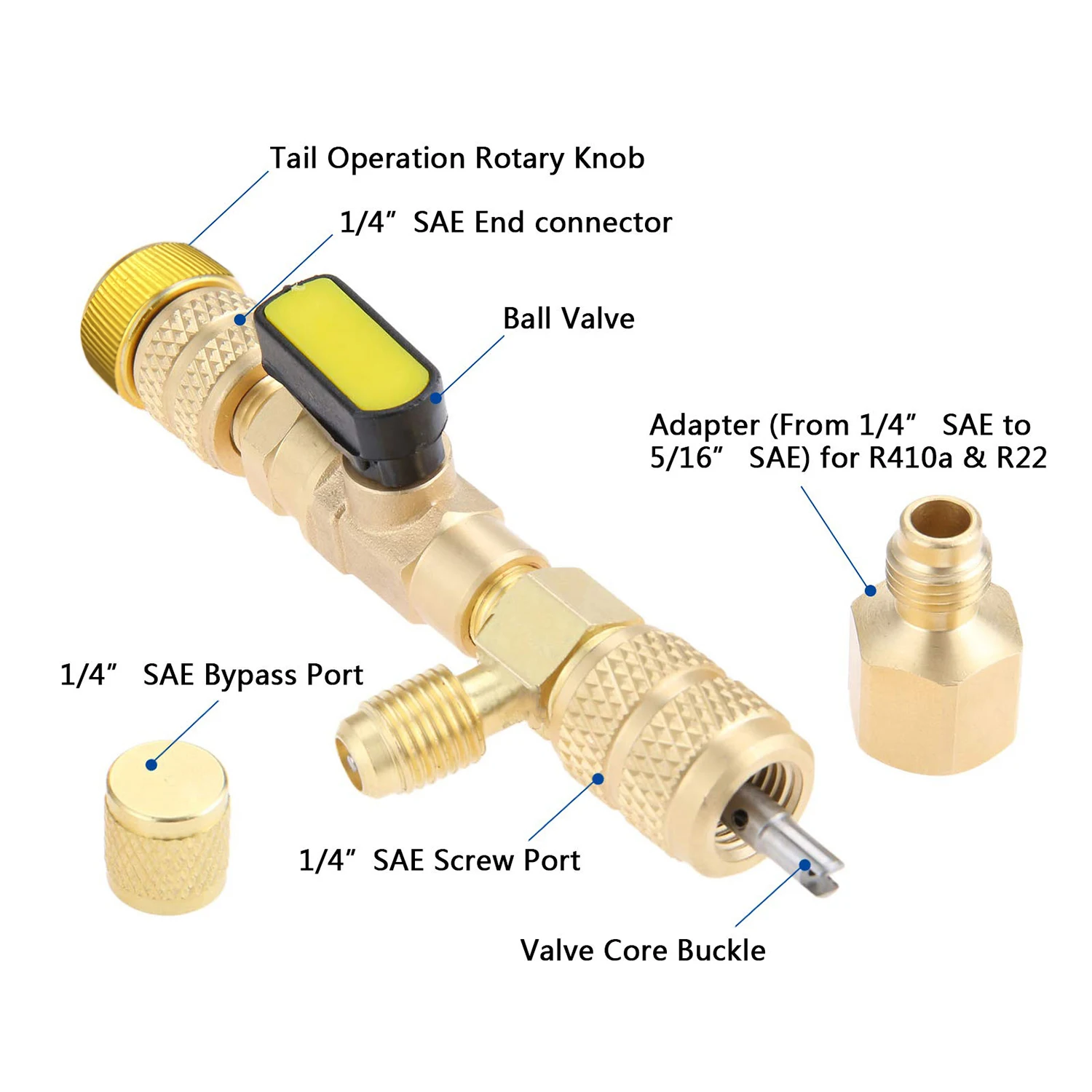Instalador de núcleo de válvula con Kit de herramientas SAE de doble tamaño, Puerto 1/4 y 5/16 para sistema HVAC R22, R12, R407, R410, R404, R32, R600