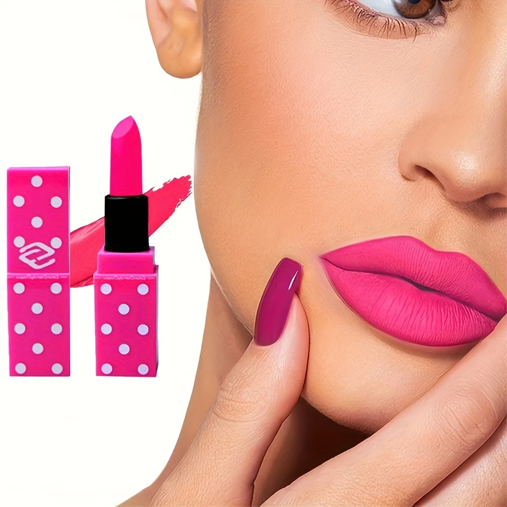 8 Colors Super Cute Girls Lipstick, Pink Polka Dots Design Long Lasting Non-fading Waterproof Velvet Lip Color, Non-Stick Cup