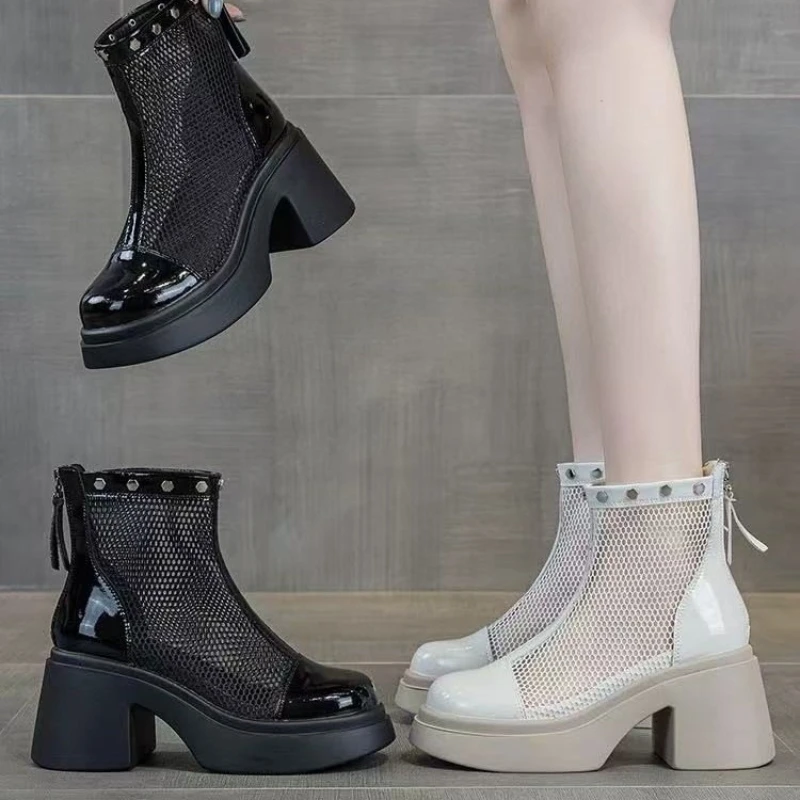 

Thick-soled, Chunky Heel, Round-top Canvas Rear Zipper Fashionable, Versatile, Comfortable, Anti-slip, Breathable Women's Boots