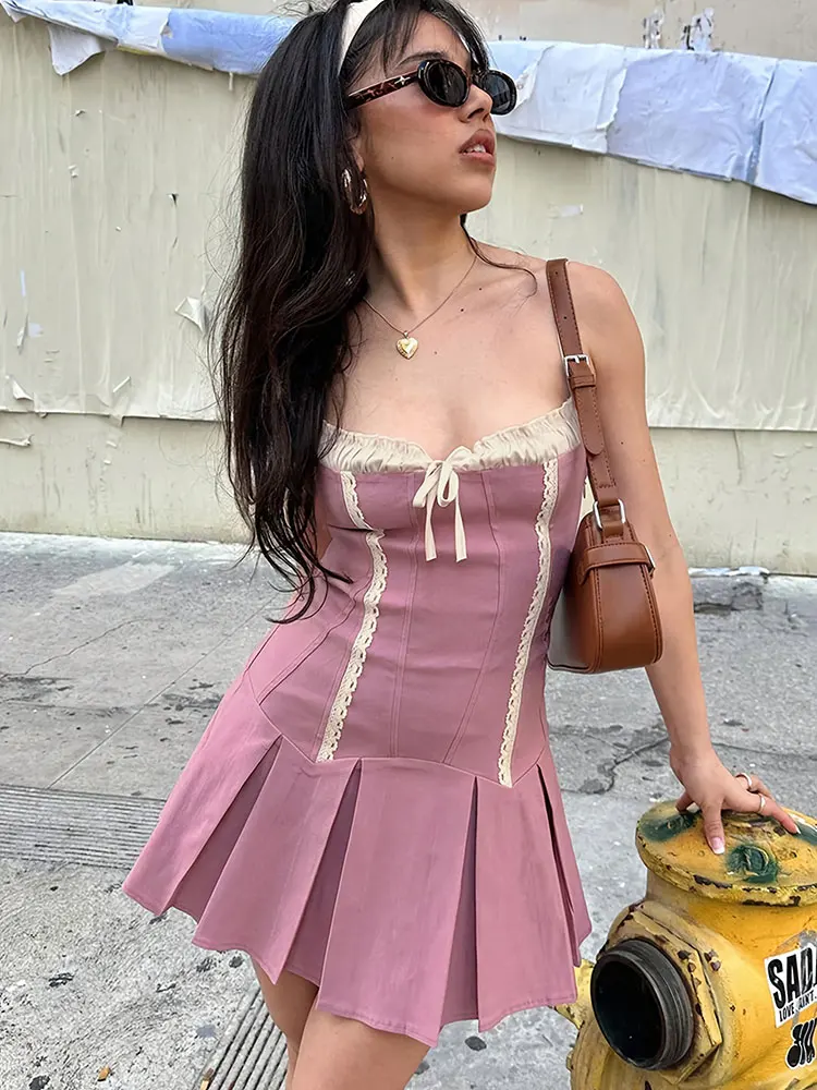Kpop Hotsweet Lace Dusty Pink Suspender Mini Dress Sexy Slim Pleated Skirt Fashion Items Woman Clothes Elegant Party Dresses New