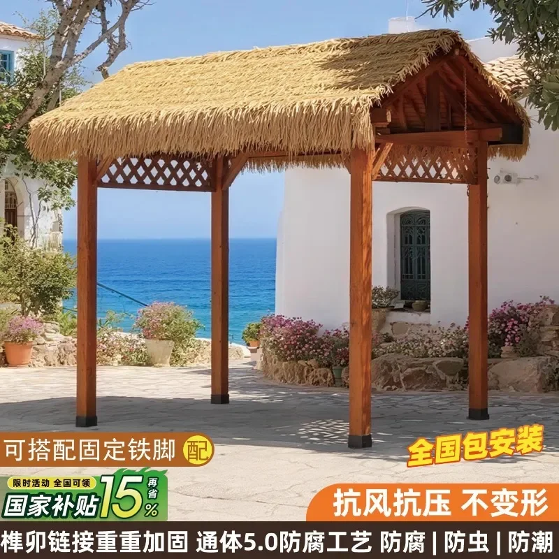 For Outdoor Courtyard Garden Wooden Pavilion Four Corner Thatched Roof Gazebo Rustic Chalet Style Homestay Decor Photo Spot