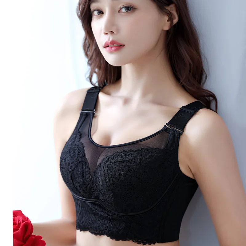 

Women's bra plus size wide shoulder strap anti-sagging comfortable breathable lace wireless push lace women's bra CD E CD E cup