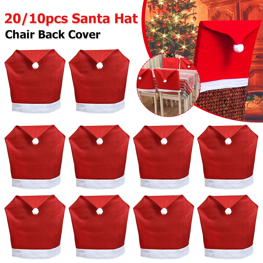 20/10pcs Christmas Chair Covers Christmas Holiday Decor Santa Claus Red Hat Chair Cap Kitchen Dining Chair Slipcovers Sets