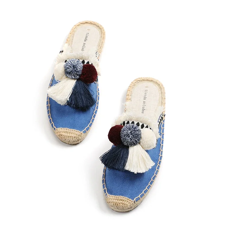 Mules moelleuses en caoutchouc chanvre pour femmes, pantoufles, espadrilles, chaussures d\'extérieur, sandales de printemps, vente
