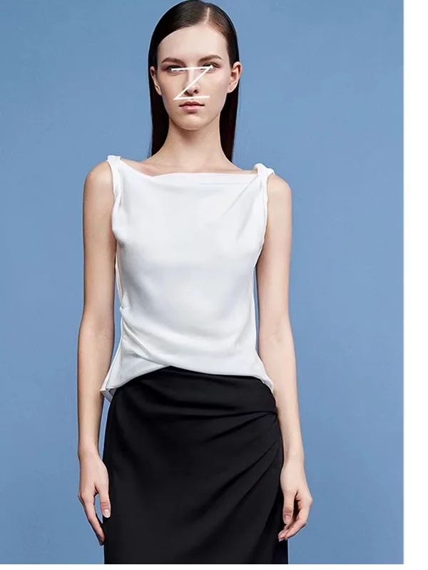 Erosi Minimalist Design Twist Rope Gathered Waist Vest Elegant Slimming Sleeveless Top Summer Outerwear Polyester Fiber
