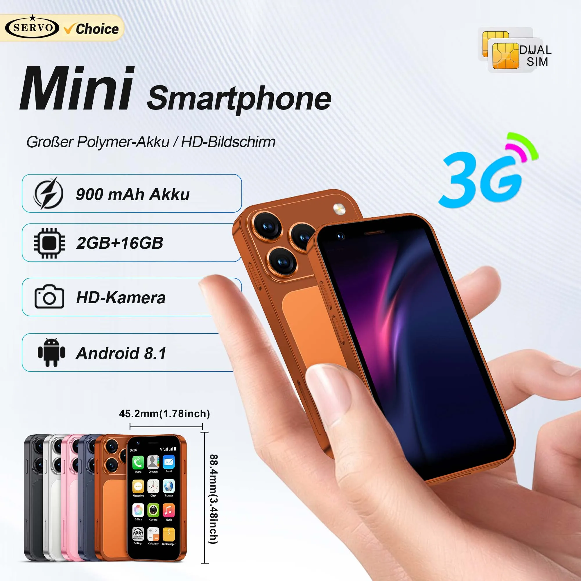 SERVO 18SE MINI Android Kleines Smartphone Dual-SIM-Karte 3G WCDMA 2GB + 16GB Play Store WLAN-Hotspot Bluetooth GPS Gesichtserkennung Kamera 3,0" Taschenlampe Typ-C Wecker Smartphones
