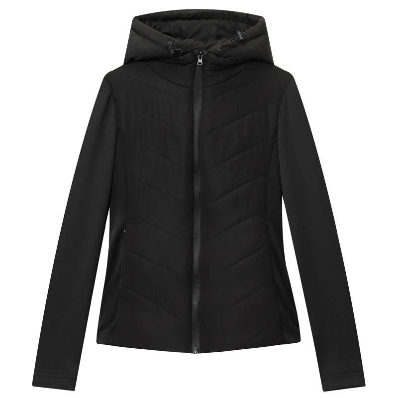 HXAO Czarna Pikowana Kurtka Damska Pół-Sezonowa Krótka Zapinana na Zamek Kurtka z Długim Rękawem Krótka Ocieplana Kurtka Slim z Kapturem Lekka i Ciepła Odzież Wierzchnia