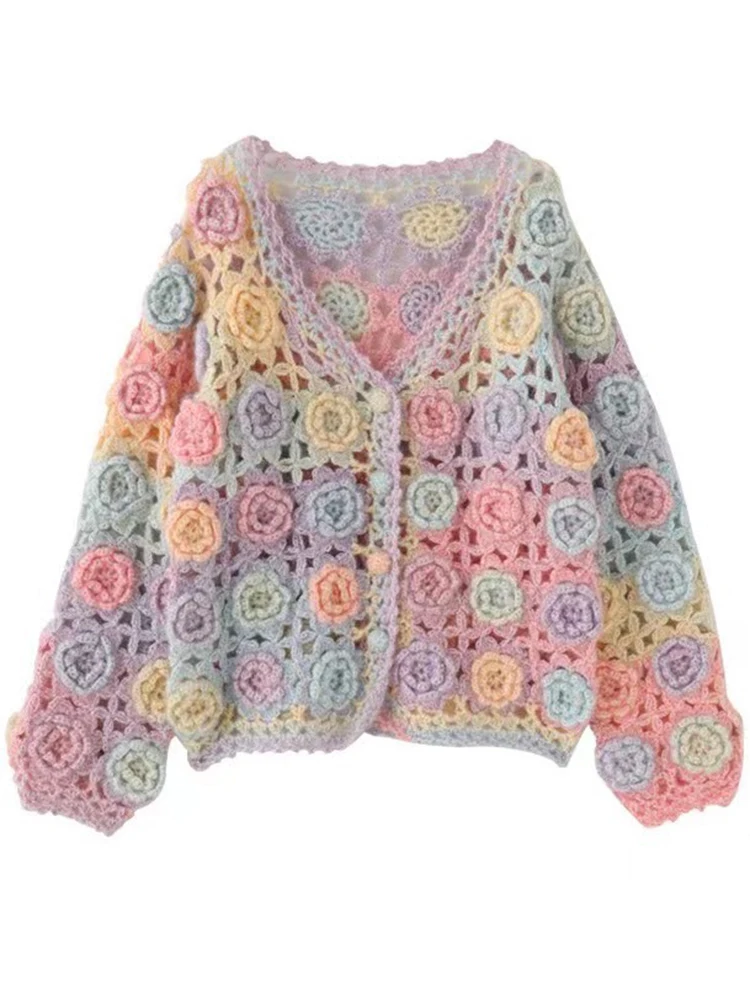 Women Rainbow 3D Flowers Sweater Coat Patchwork Hit Color Floral Crocheted Roses Knitted Cardigan Knitwear V Neck Hooked Tops