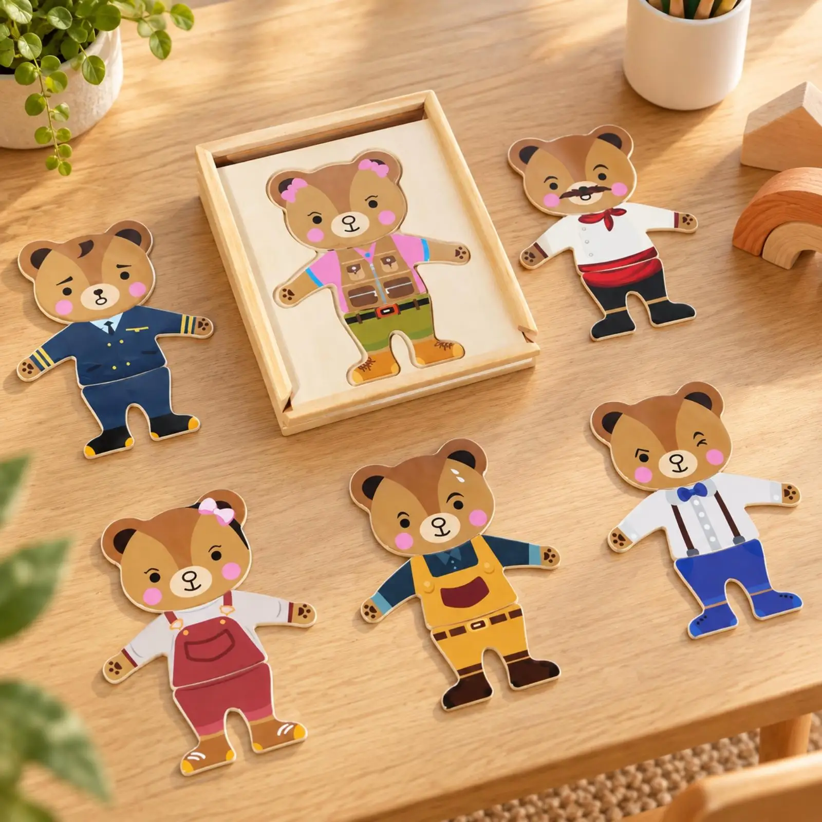 Children Wooden Dress Up Puzzle with Bear Shape and Tray Montessori Educational Toy Matching Game Fine Motor Skills Learning for