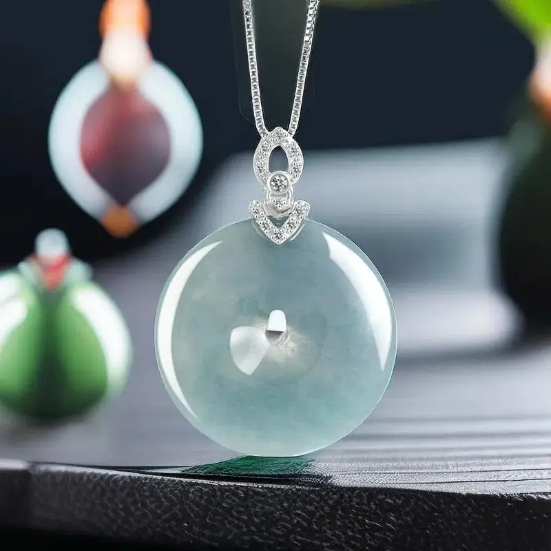 

Blue Myanmar Jadeite Donut Pendant Necklace Real Burmese Jade Natural Jewelry Gifts for Women Men Talismans 925 Silver