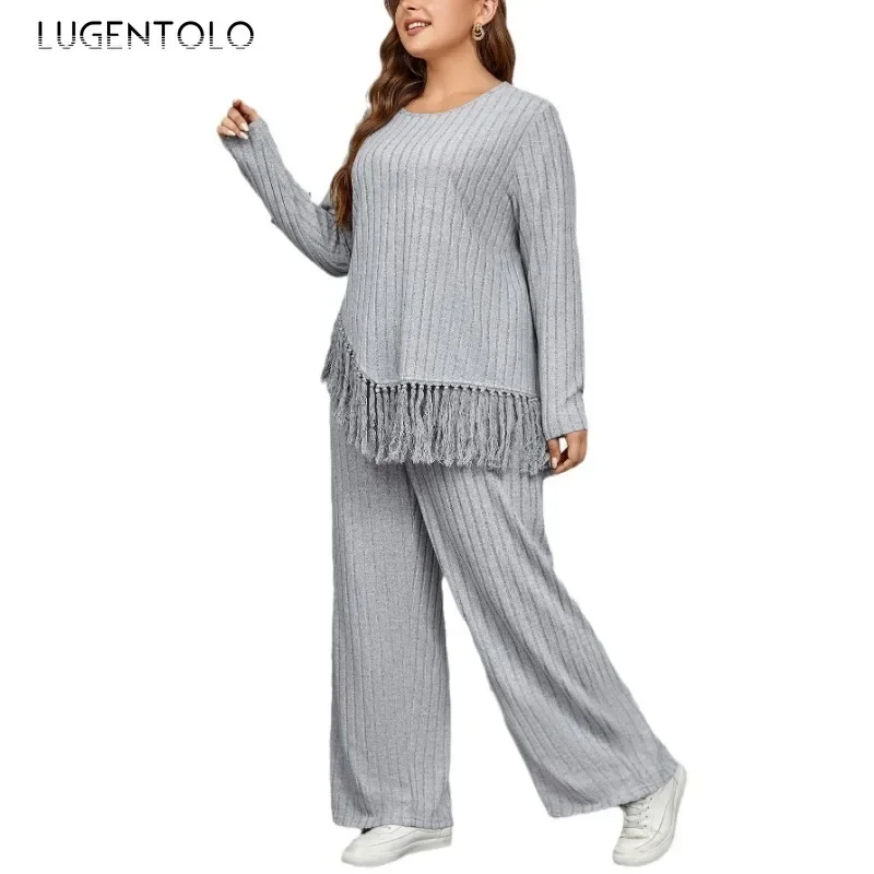 Women Knitted Two-piece Set Solid Pit Stripes Irregular Fringe Hem Tops Casual Loose Fit Wide-leg Pants Daily Wear Available 4XL