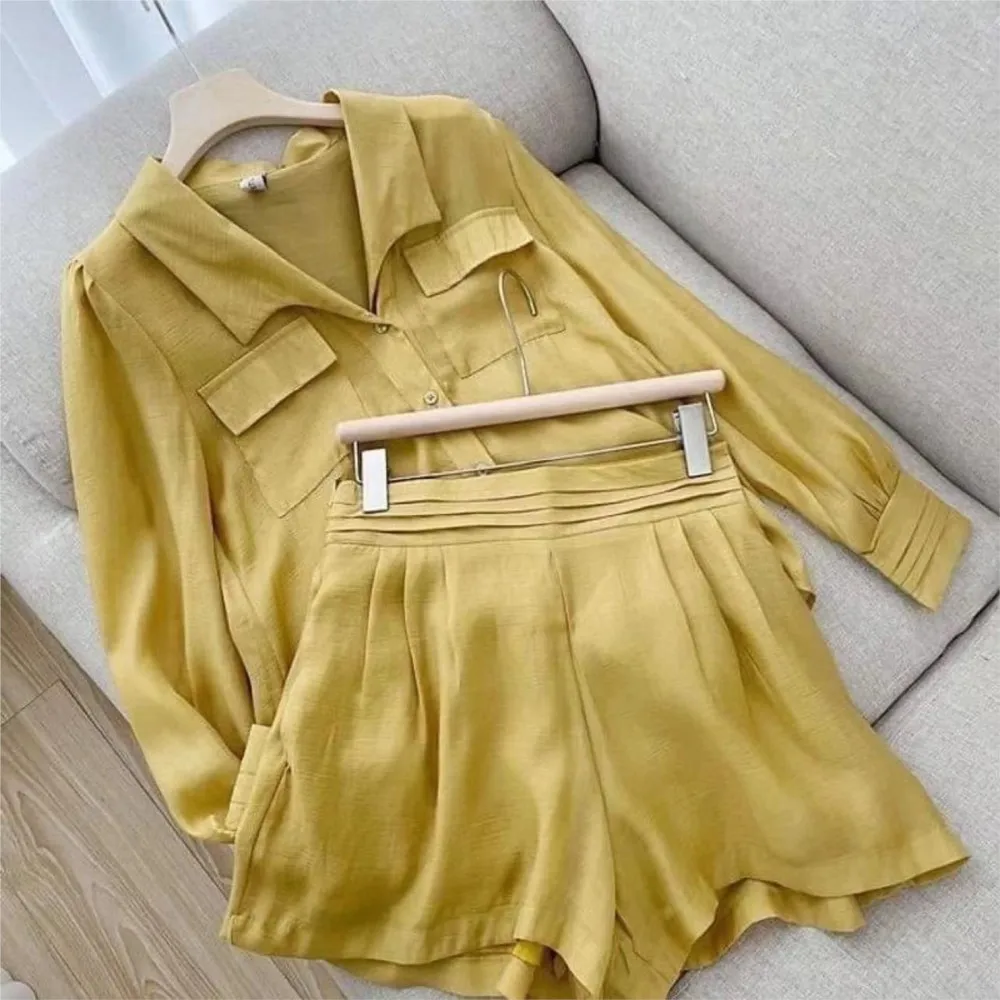 Shirt Two Piece Set For Women Spring Summer Shorts 2 Piece Sets Suits Solid Color Long Sleeve Shirt Short Casual Outfits Female