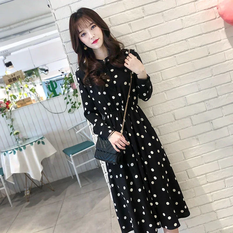 New Dot Long Sleeve Floral with Slim Waist Medium Length Skirt Casual es Vestidos Para Mujer Women Dress
