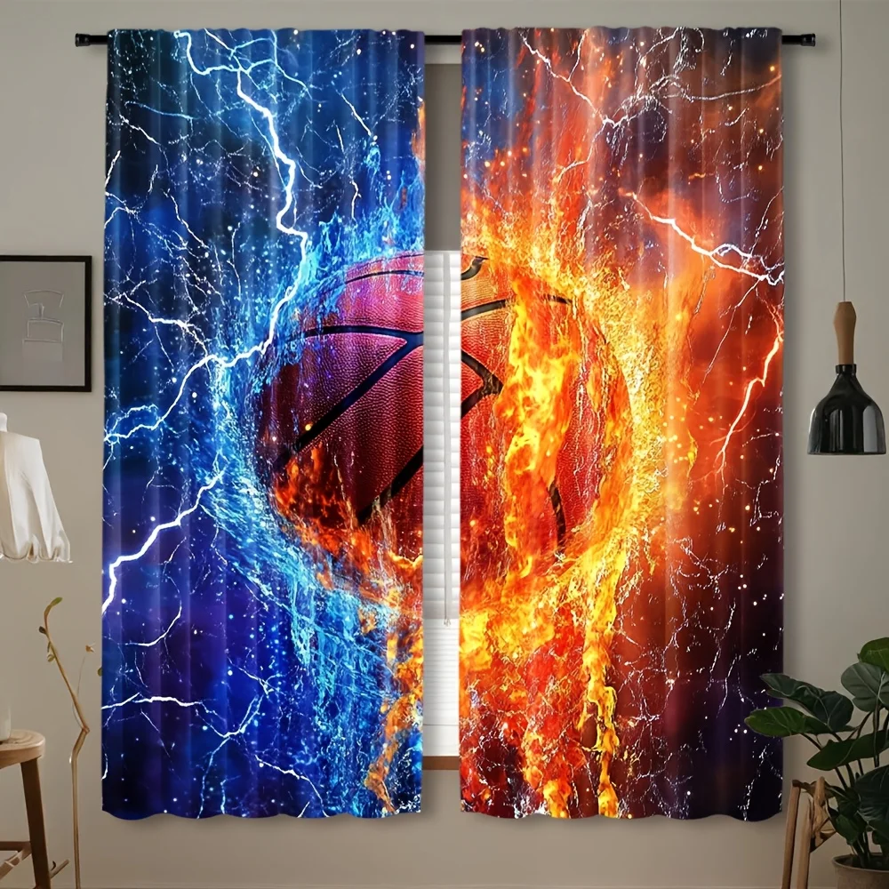 Vivid Basketball Sports Curtain Blue Fire Lightning NBA Game Day Energy Window Drapes Modern Room Decoration Panel Cover