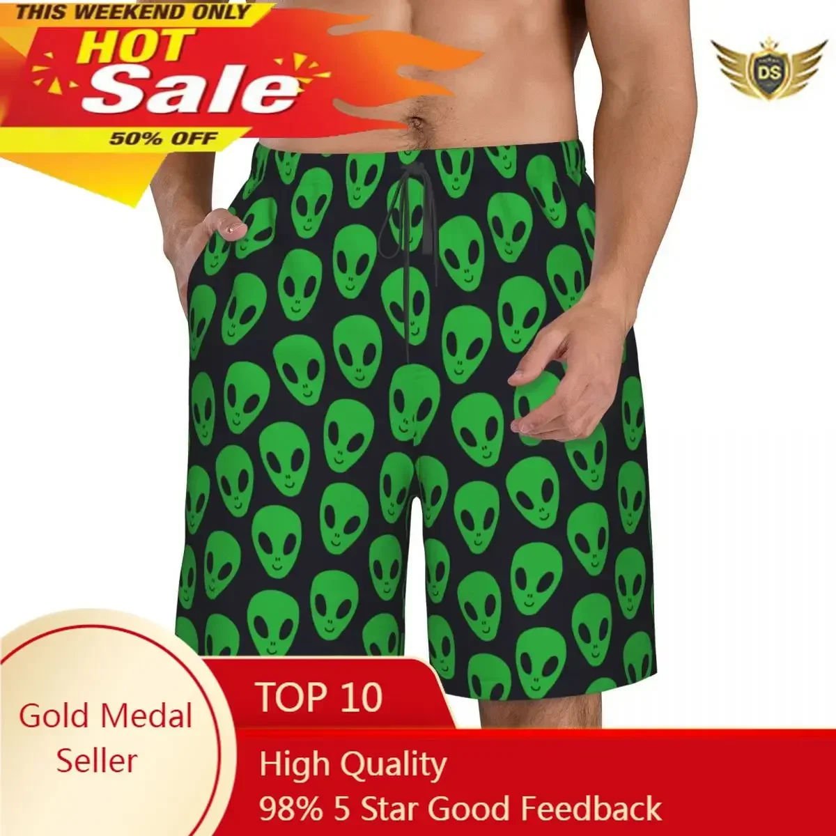 

New Summer Men Shorts Men Sports Athletic Running Sport Fitness Beach Basketball Jogging Man Loose Short Pants Green Alien UFO