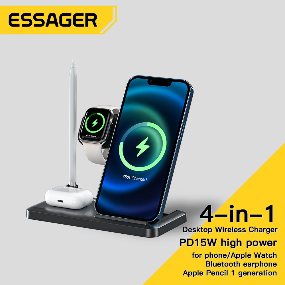 Essager 4 in 1 Wireless Charger Stand 15W Charging For iPhone 14 13 12 11 X Apple Watch Pencil Airpods Pro Chargers Dock Station