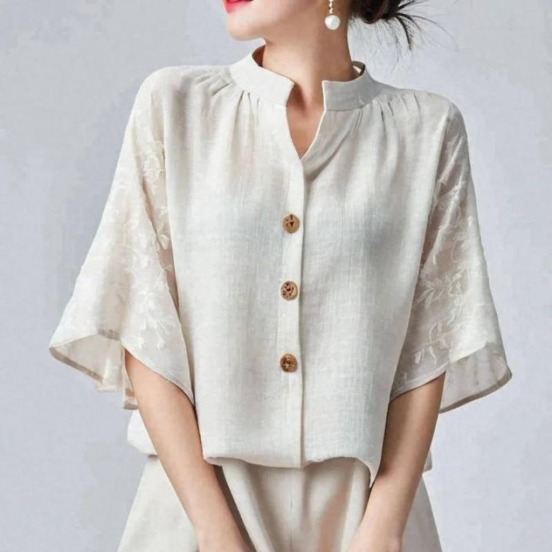 

Chic Design Women Stand Collar Linen Blend Blouse Floral Embroidery Flare Half Sleeve Shirt with Wooden Buttons Loose Large Size