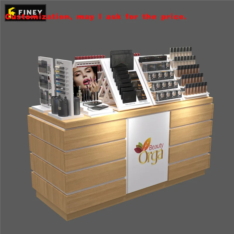 custom.Custom Makeup Shop Display Counter Shelf Shop Decoration Solution Wood Display Skincare Shop Furniture