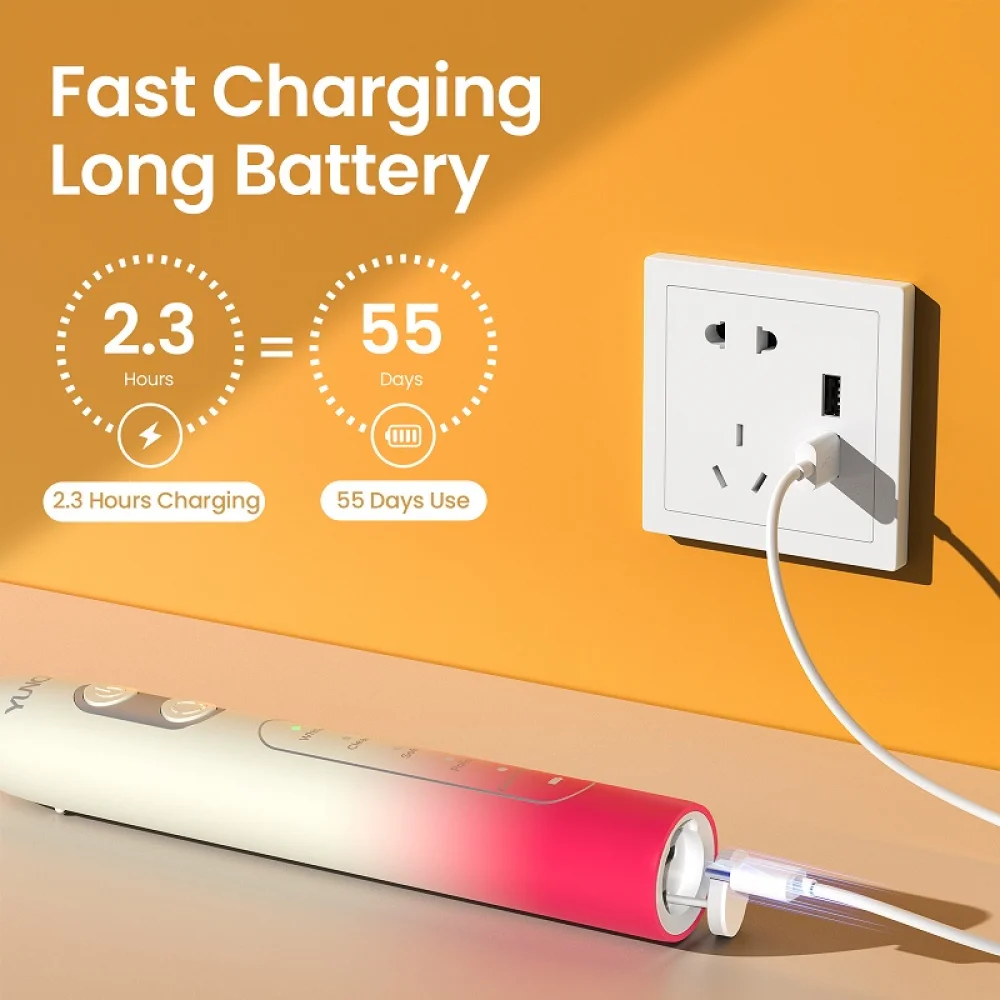YUNCHI Spazzolino elettrico C2 Spazzolino sonico per adulti ricaricabile 2 minuti timer intelligente 5 modalità con 8 testine di ricambio