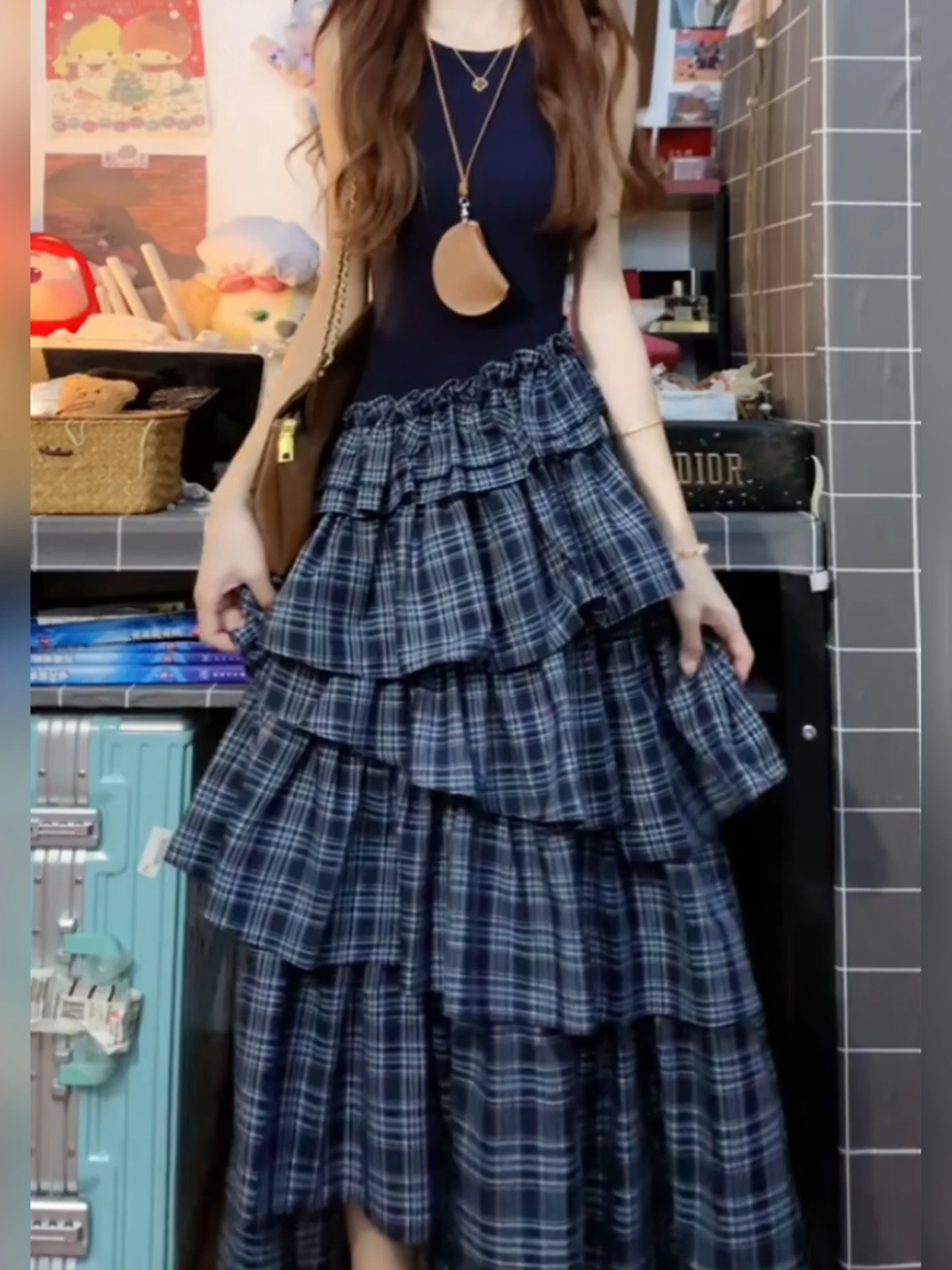 

Синий дорожный женский жилет Dr, летняя юбка-тортик с клетчатым подолом, повседневная длинная трапециевидная юбка с высокой талией, круглый Ne Svel