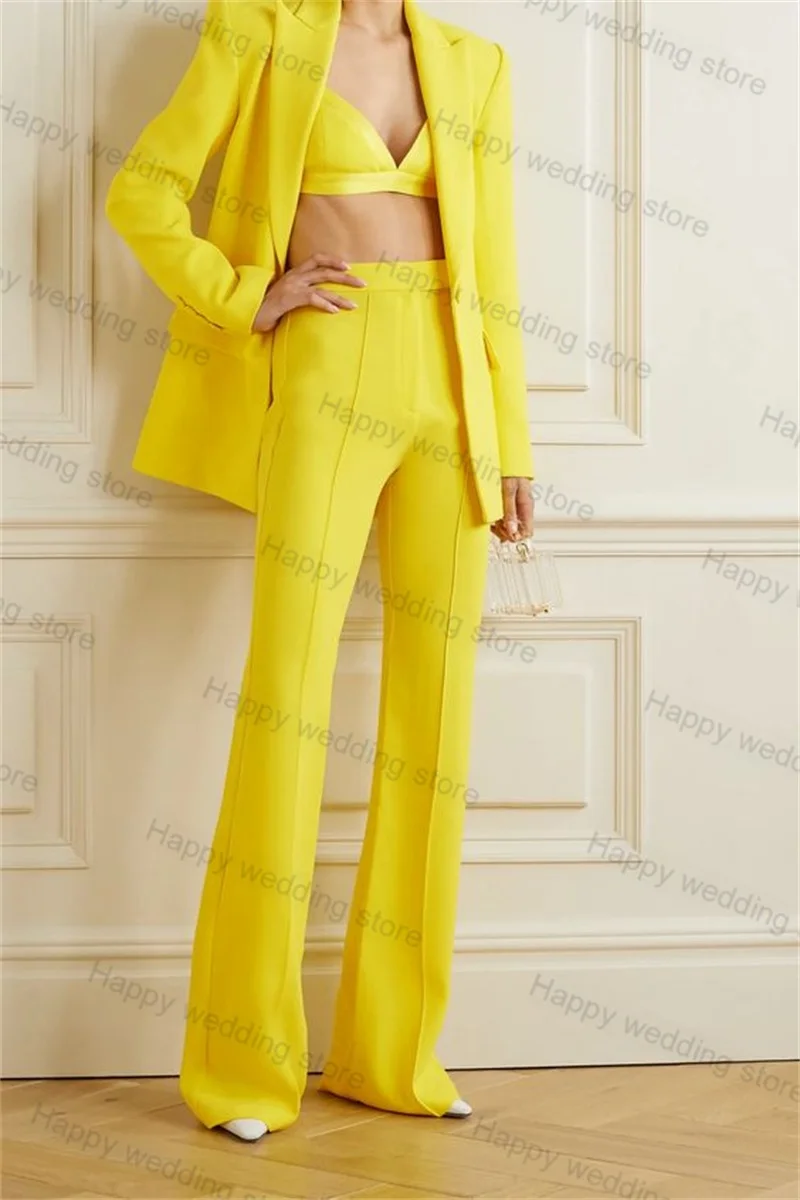 Conjunto de terno amarelo feminino, top, sutiã, blazer, calças, smoking de casamento, personalizado, sexy, formal, senhora do escritório, jaqueta, baile de formatura, casaco, 3 peças