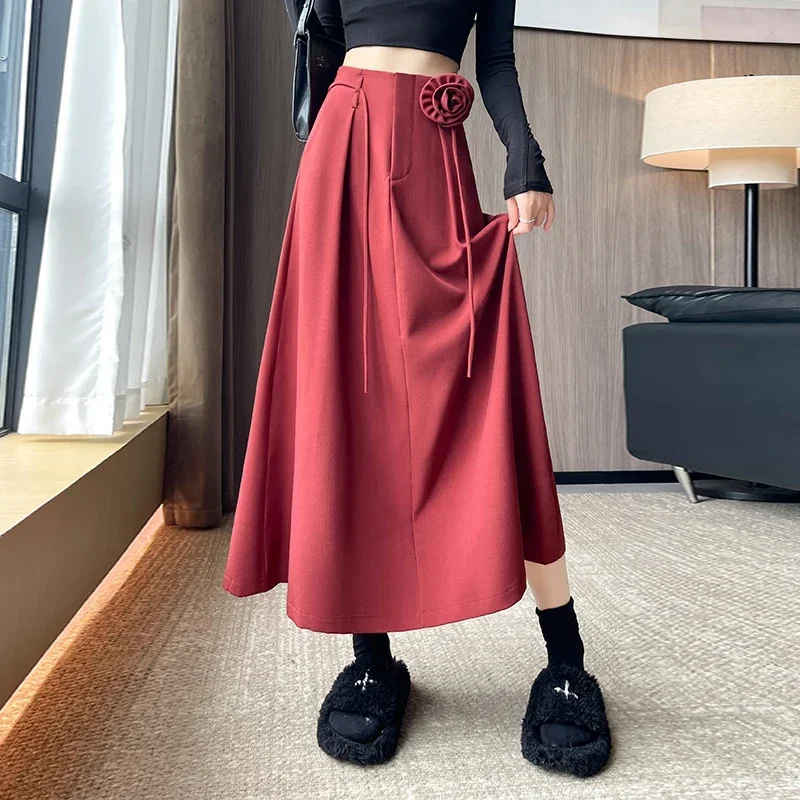 Elegant Grey Suit Skirt Women 2024 Fall Flower Lace Up High Waist Slimming A-line Long Skirt Female Fashion Solid Faldas Mujer