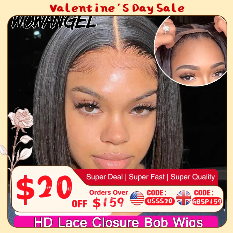 WOWANGEL 스트레이트 밥 가발 5X5 HD 레이스 클로저 가발 착용 준비 Glueless 가발 250% 밥 가발 레이스 프론트 인간의 머리 가발 Pre Plucked