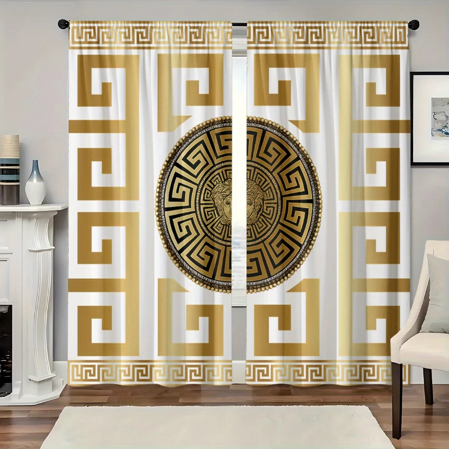 2PCS Digital Printed Curtains, Gold White Meander Design, Geometric Abstract Style for Living Room Bedroom Kitchen Home Decor