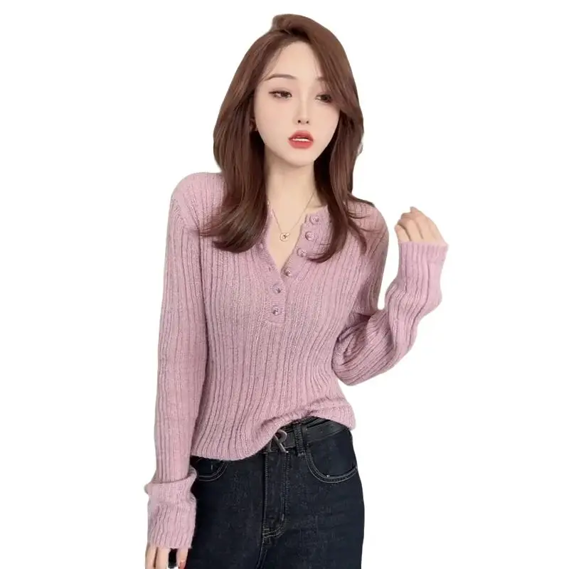 Round Neck Sweater for Women Fashion Trendy Button Pullover Solid Color Sweater Fashion Top