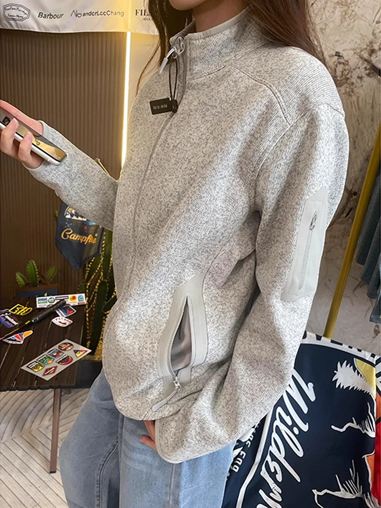 Women's Zipper Stand Collar Cardigan Sweater Cycling Hiking Outdoor Couple Jaets Loose Fit Long Sve  Color