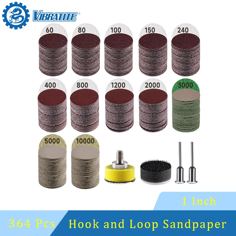 1 Inch Hook and Loop Sandpaper 364PCS with Backing Pad and Soft Foam Buffering Pad for Polishing Wood Metal Mirror Jewelry Car ﻿