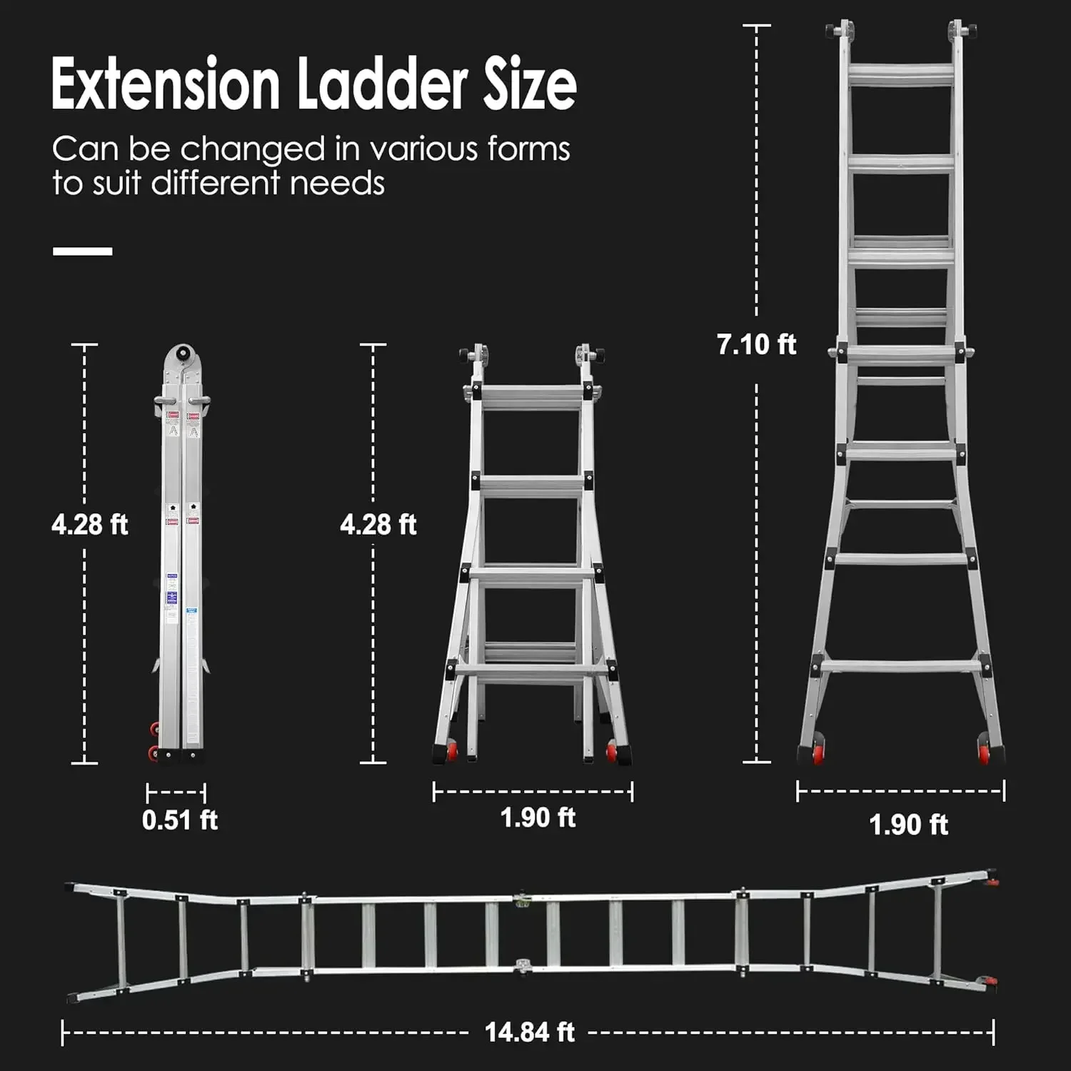 Telescopic Ladder, Multi-Purpose Telescopic Ladder, Collapsible Ladder Extension,Max Extension Reach 17 ft with Two Wheels,Rated