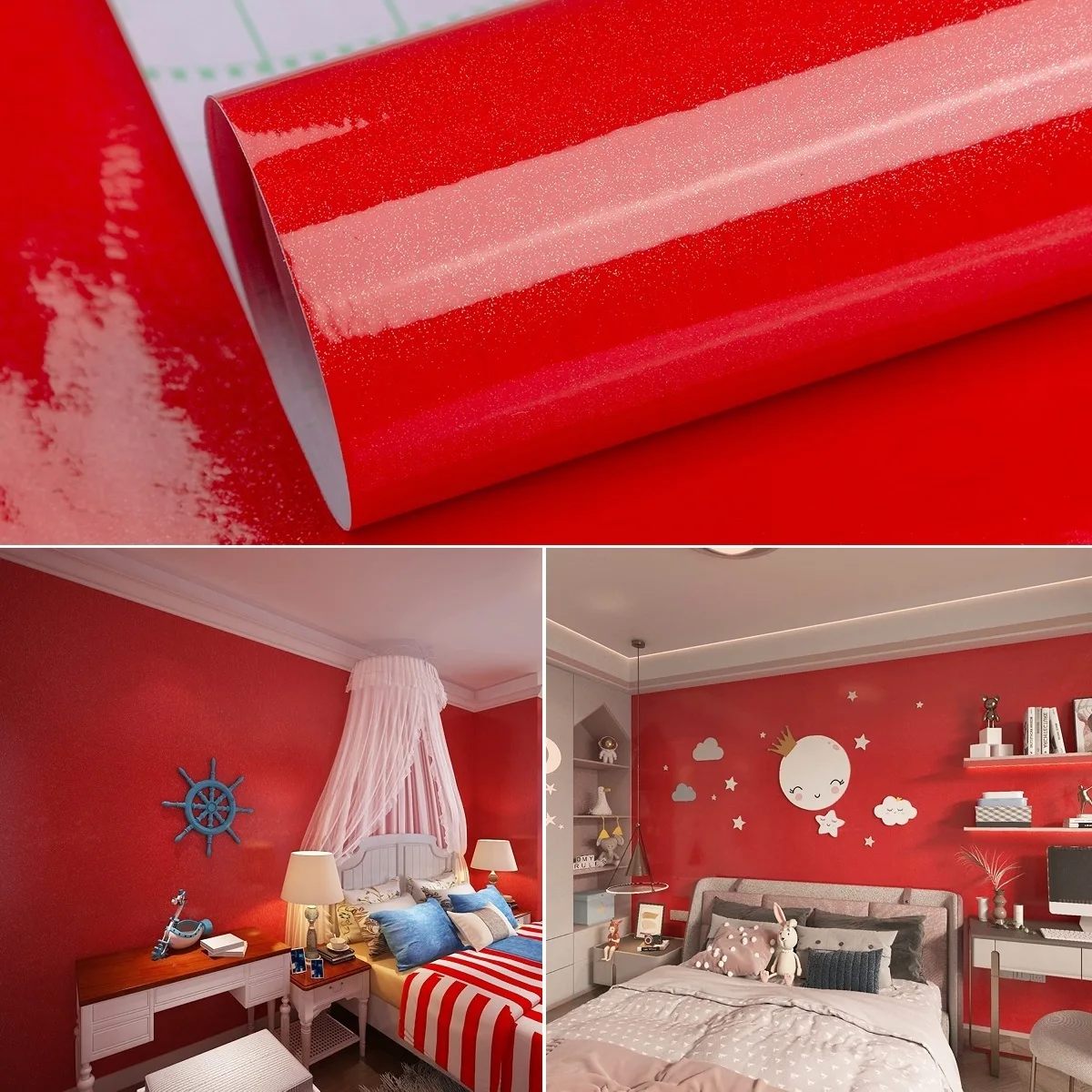 TOTIO Thick Solid Color Red Wall Paper Self Adhesive Vinyl Wallpaper Peel and Stick Interior Stickers Room Decorations For Girls