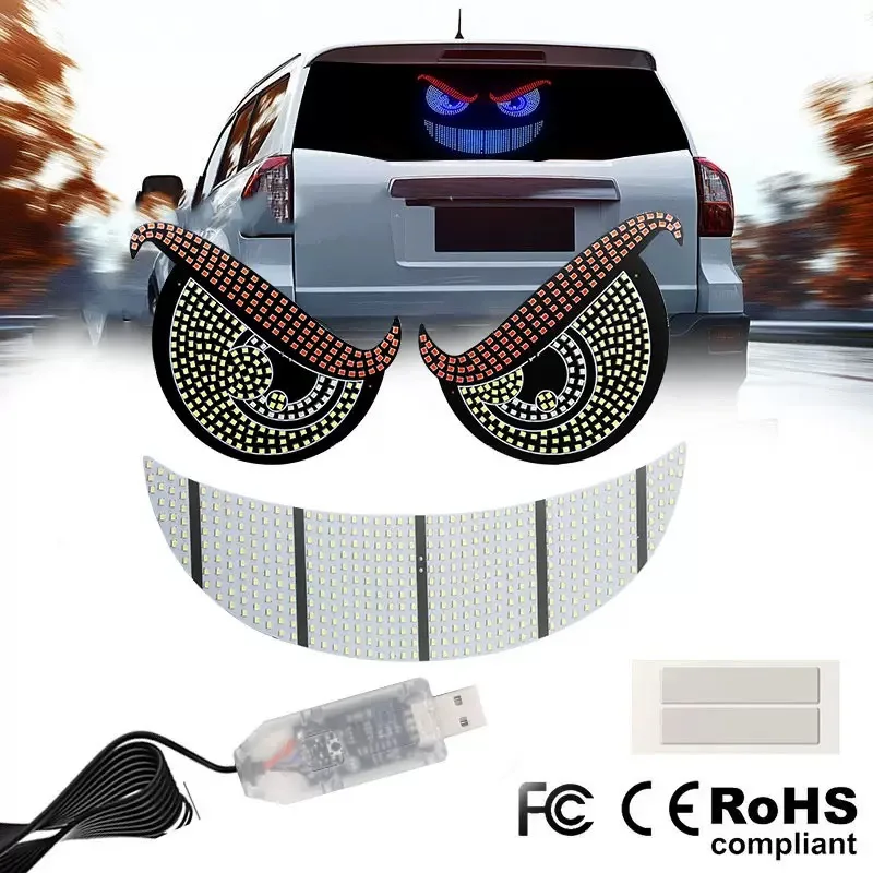 2X Car LED Devil Eyes Light Pixel Panel Windshield USB Strobe Dynamic Demon Eye Decorative Ambient Lamp for Car SUV Pickup Truck