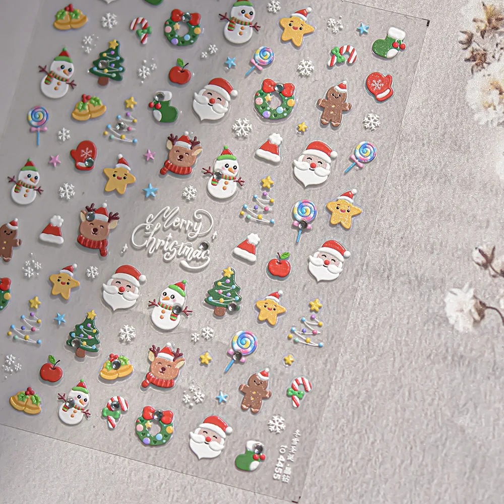 5D Relief Lovely Cute Merry Christmas Santa Claus Snowman Tree Garland Adhesive Nail Art Stickers Decals Manicure Ornaments