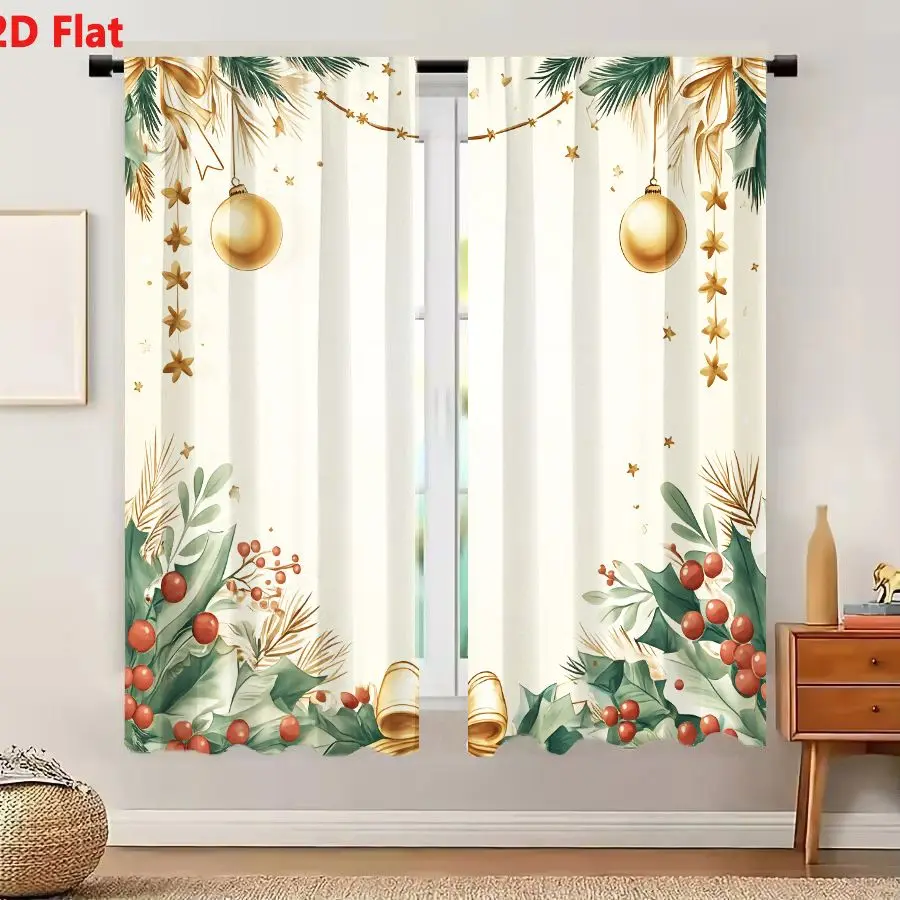 2Pcs Curtains 2D Flat Festive Holiday Illustration With Elegant Decorative Border Pine Branches Gold Ribbons Holly Leaves And Re