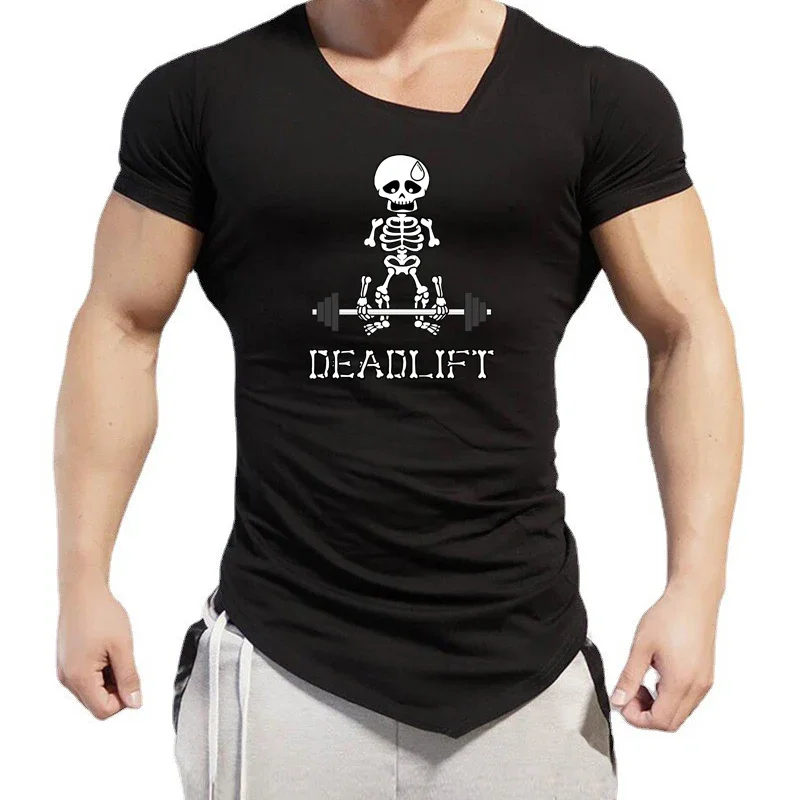 Men's Oblique V-Neck Short Sleeve Tee Tops Gym Bodybuilding Fitness Slim Fit Sport Shirt Cotton Breathable Irregular Hem T-shirt
