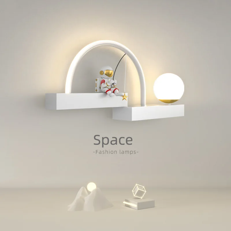 

Bedroom LED Creative Astronaut White Sconce Living Room Lights Bedside Metal Lighting Spaceman Fishing Toy Background Wall Light