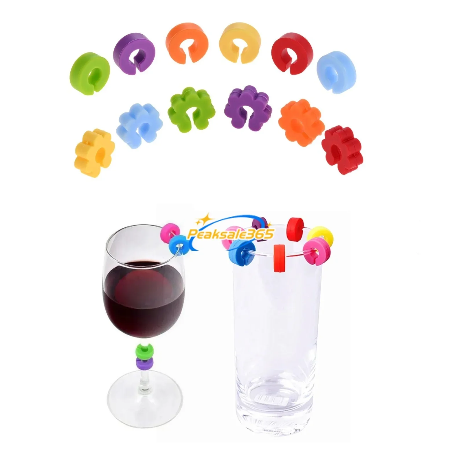 12pcs Colorful C-type Ring Wine Glass Identification Marker Silicone Goblet Charms Tag Round/Plum Decor Holiday Banquet Table