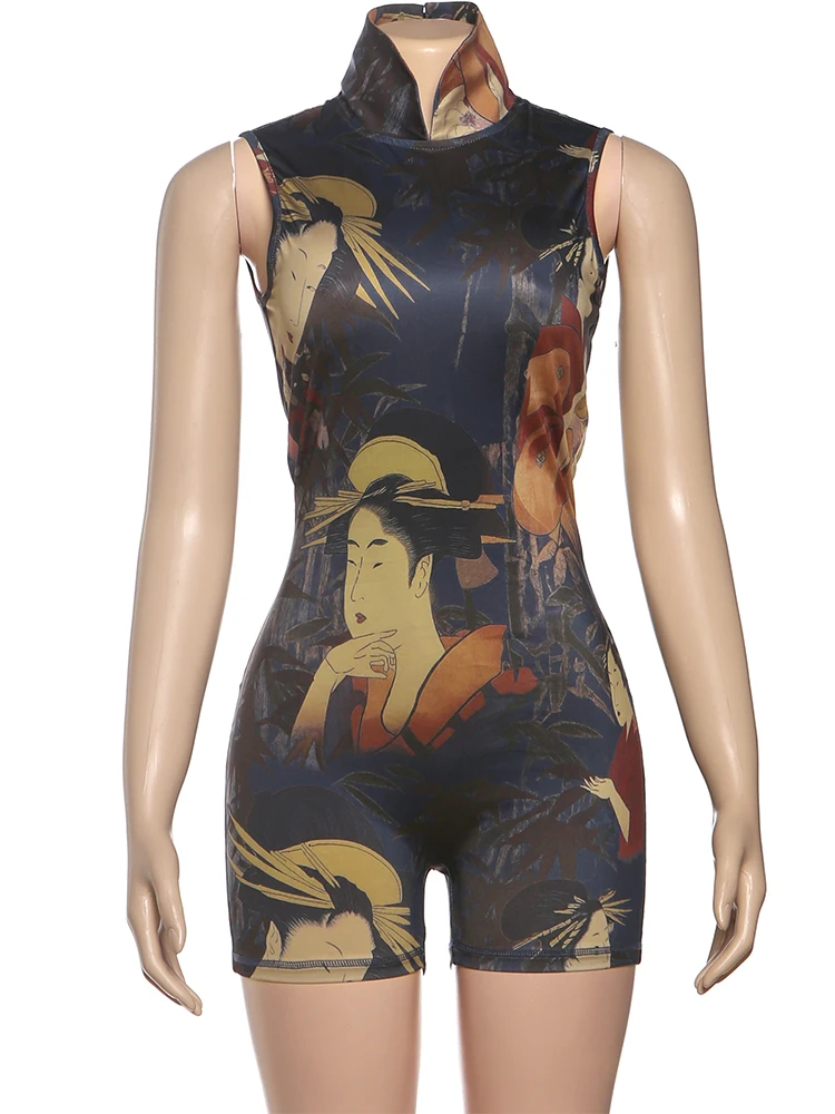 Nibber الخوخ الورك الفن طباعة Playsuits امرأة الوقوف طوق أكمام مثير نحيل عارية الذراعين هوتي الشارع الاسلوب المناسب السروال القصير