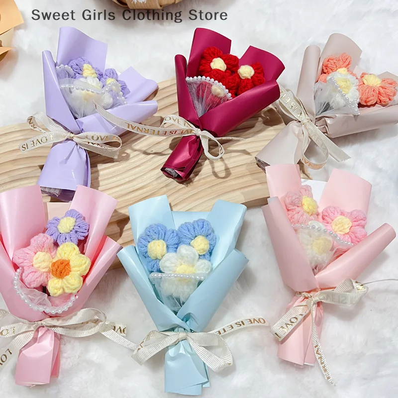 2Pcs Creative Mini Woolen Yarn Bouquet DIY Handmade Daisy Eternal Dried Flowers Mini Crochet Bouquets Mother's Day Gifts Decor