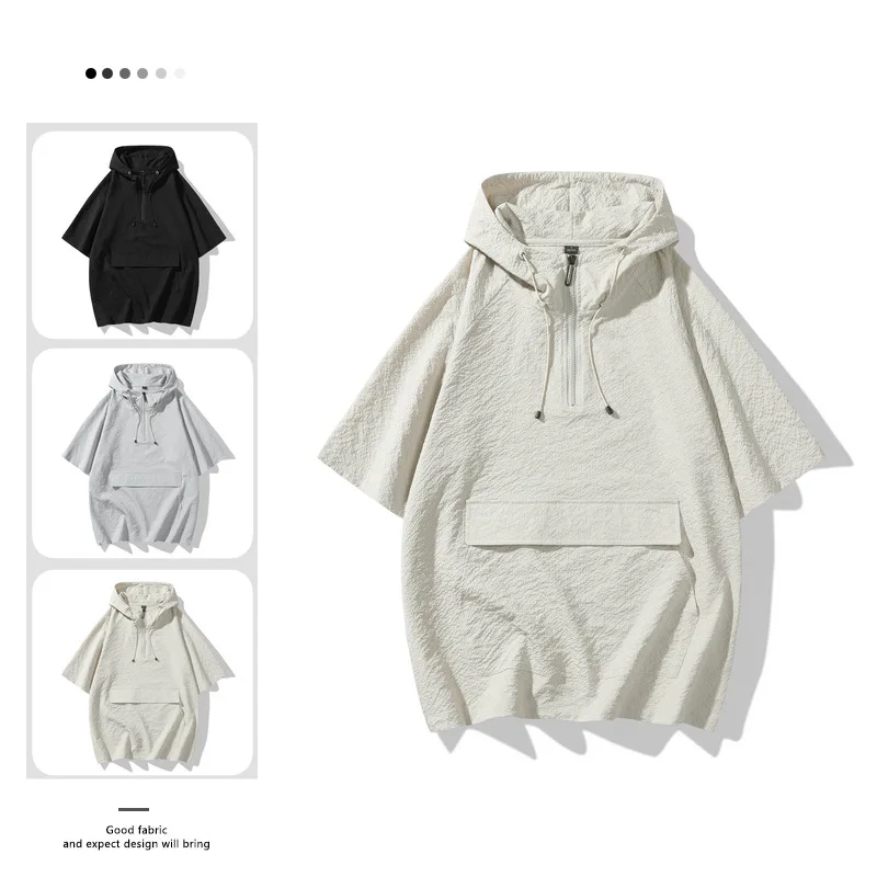 

Short-sleeved T-shirt men's 2025 summer new hooded commuting loose simple versatile men's sports tops teenagers