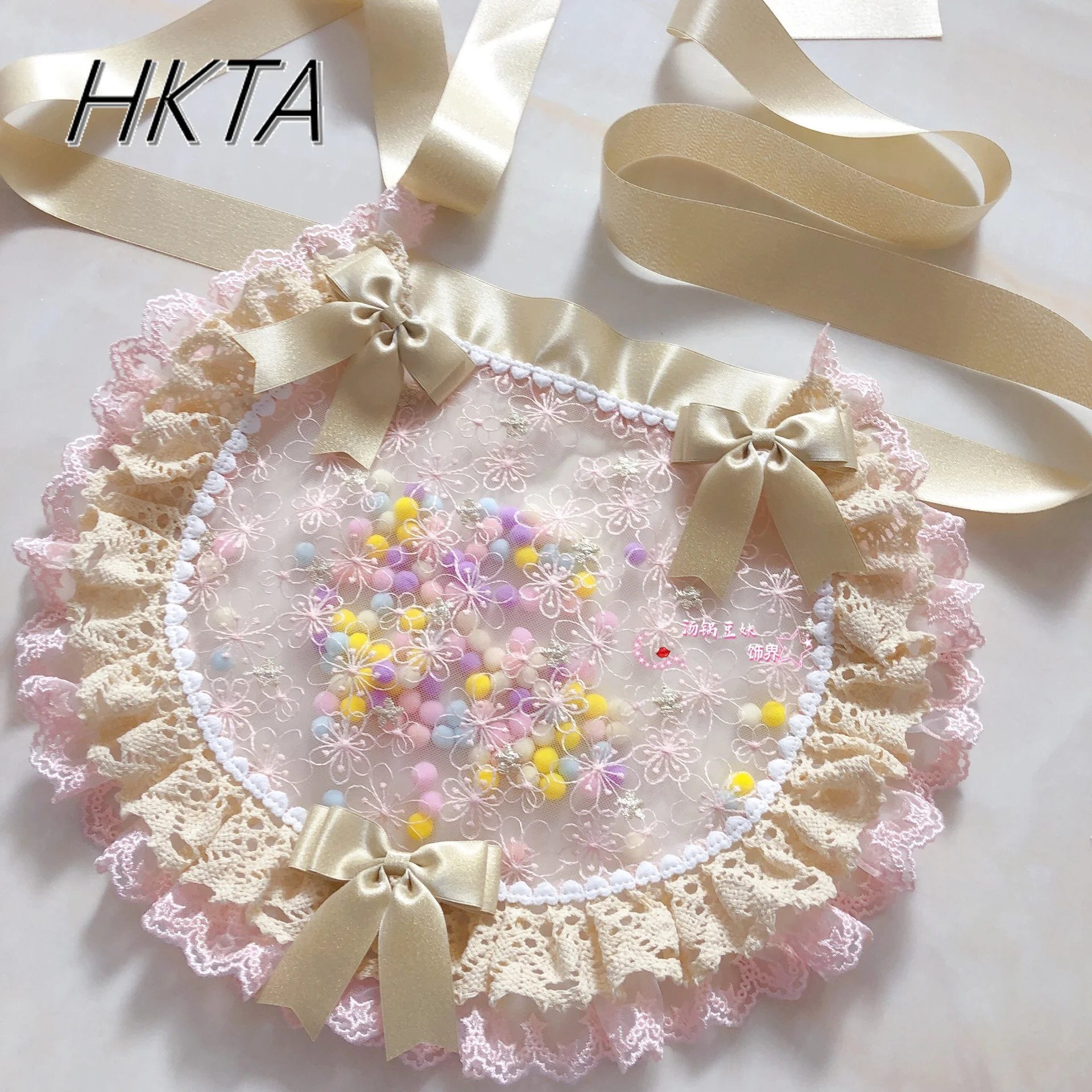 Original Lolita Handmade ญี่ปุ่นน่ารักผ้ากันเปื้อนผู้หญิงสาวหวานโบว์น่ารักลูกไม้กาแฟสีชมพูสีเขียว Bowknot ผ้ากันเปื้อนขนาดเล็ก