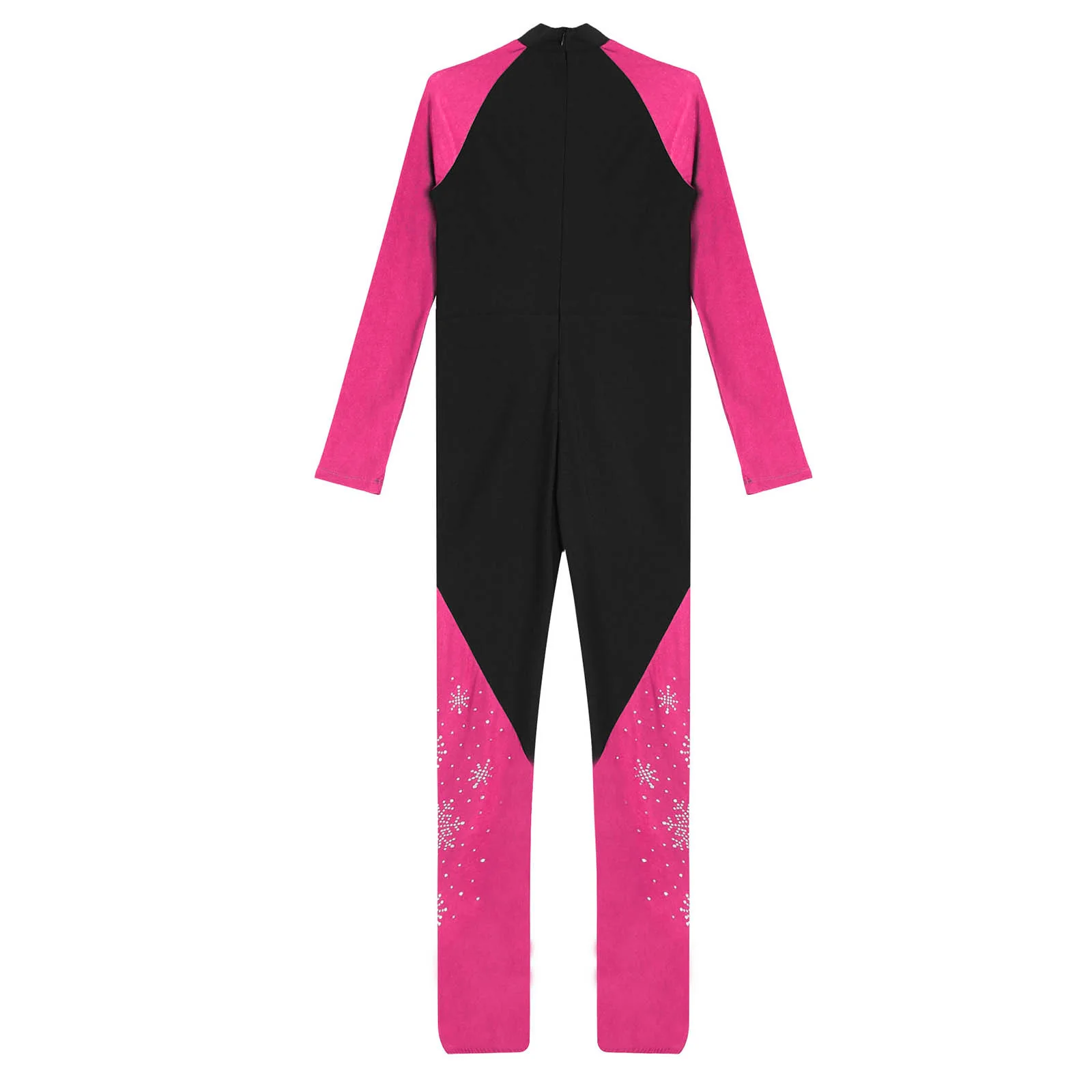 Kinderen meisjes gymnastiek kunstschaatsen jumpsuit mock hals lange mouw sprankelende strass sneeuwvlokken kleurblok bodysuit danskleding