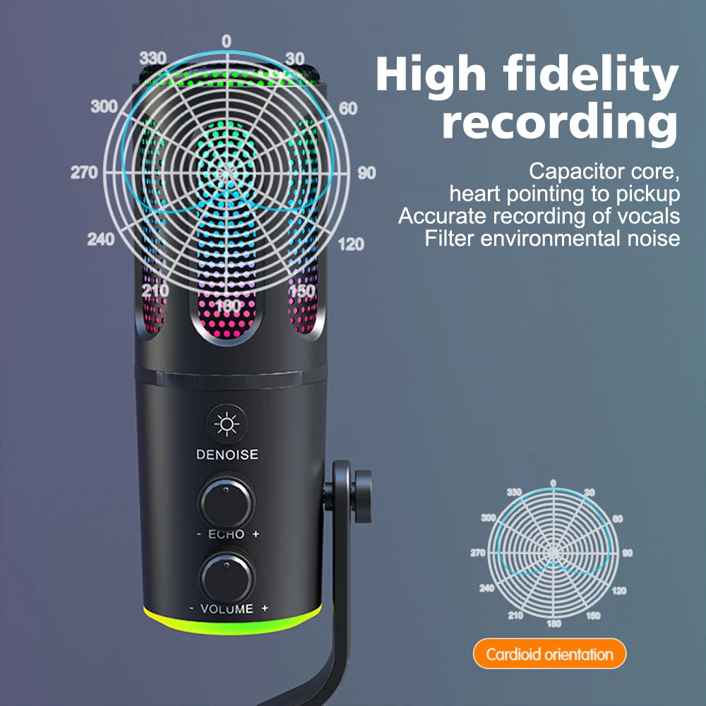 USB Type-C Condenser Microphone with RGB Atmosphere Light Support 3.5MM Headset Connection for Game Audio Streaming Broadcast