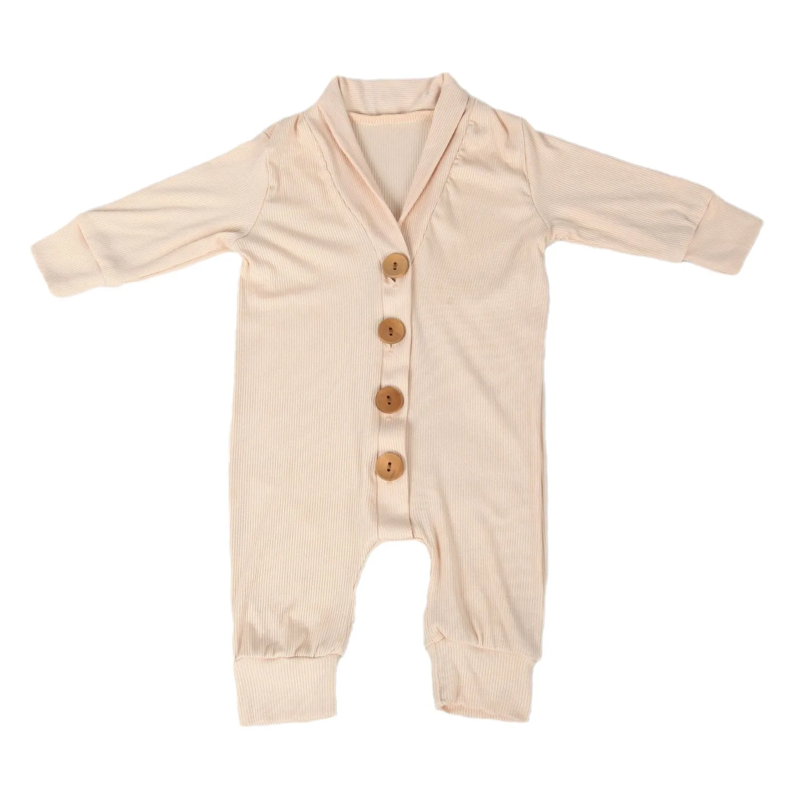 Newborn Baby Rompers Wood Button Ribbed Cotton Lapel Collar Romper Boys Girls Clothes New