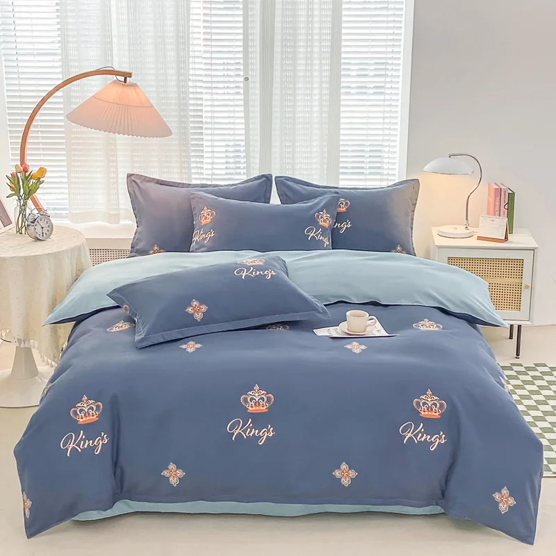 Crown King Print Duvet Cover 4pcs Blue Bedding Set for Teen Women Men Lover Romantic Valentine's Day Decorations Bedspread Cover