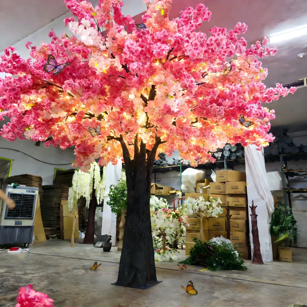 8ft Pink &White Cherry Blossom Tree - Eco-Friendly Silk Tree with LED Lights Butterflies & Birds for Mall Hotel Decor