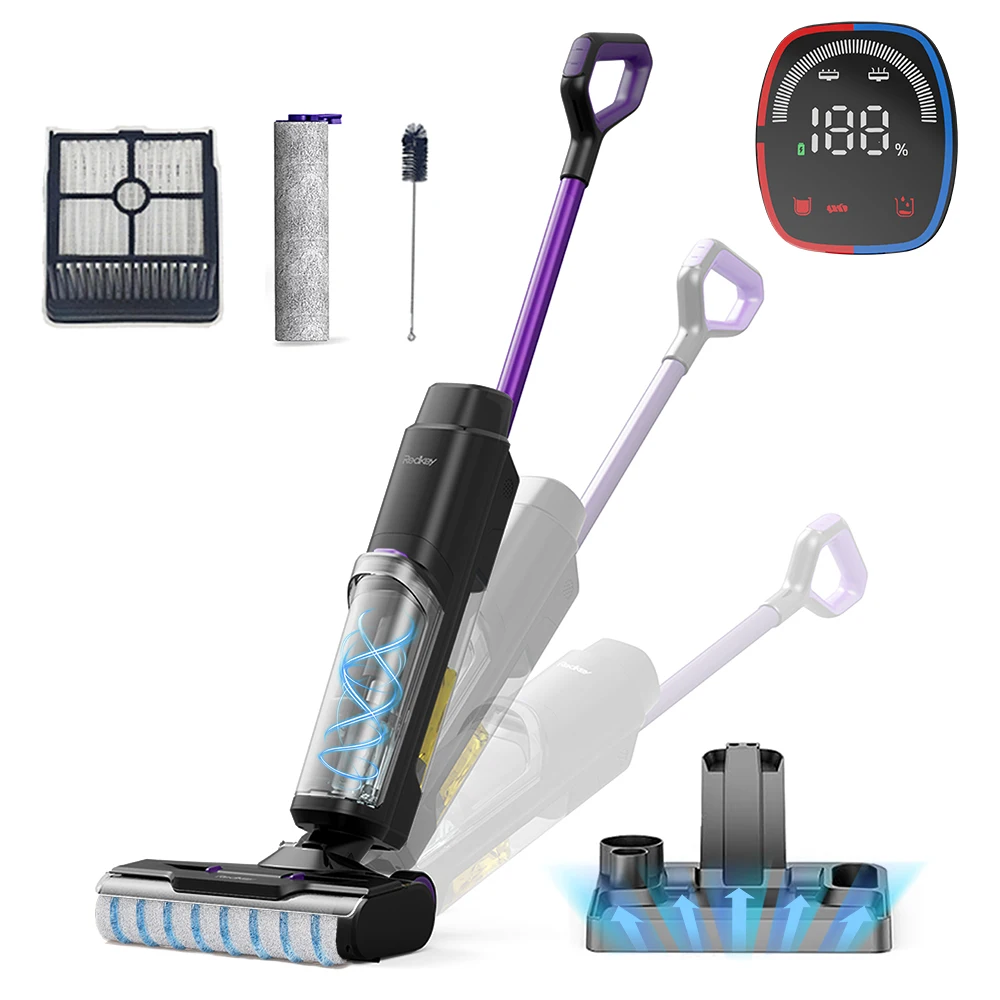 Aspirateur sans fil Redkey W15, humide et sec, autonomie de 35 minutes, auto-nettoyant, double réservoir d'eau, détection intelligente de la saleté